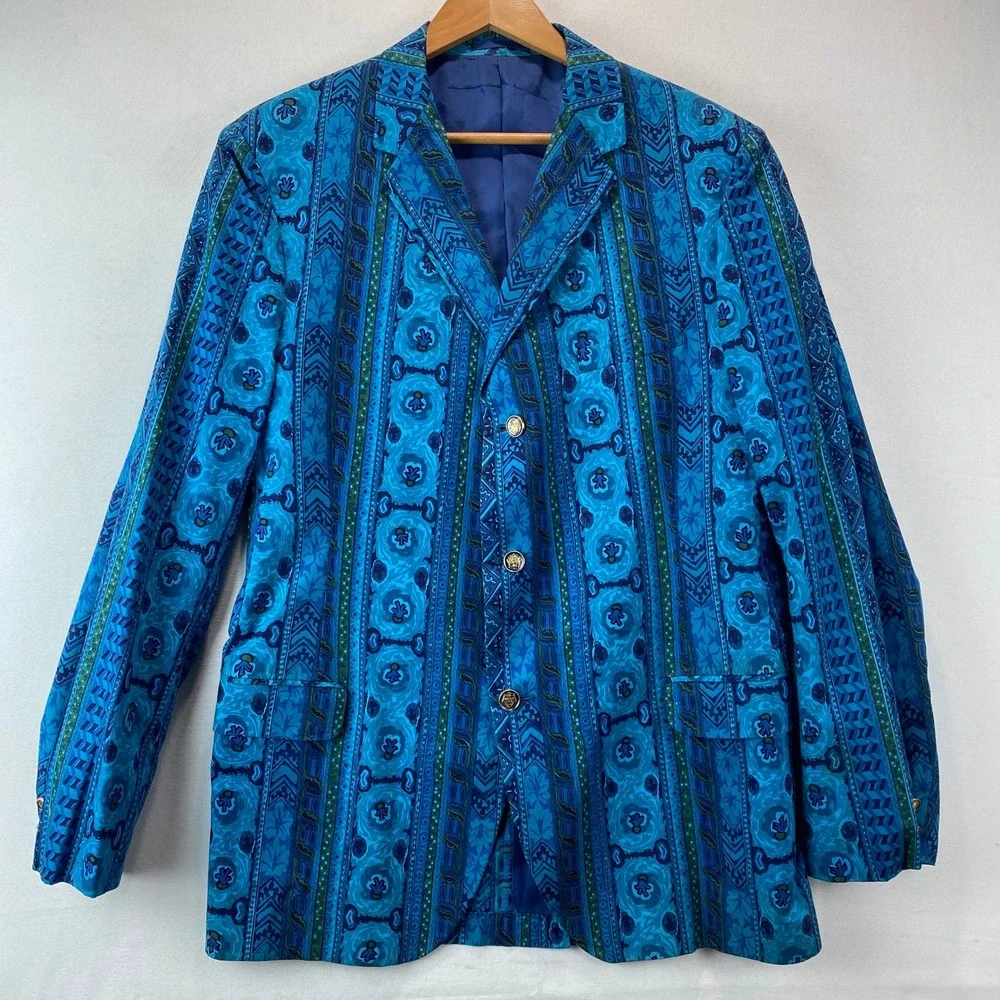 VTG Rare Steegan Handprinted Batik Cotto Men 40 Blue Geometric Sport Coat Ornate